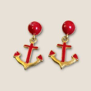 Red Gold Enameled Anchor Dangle Earrings